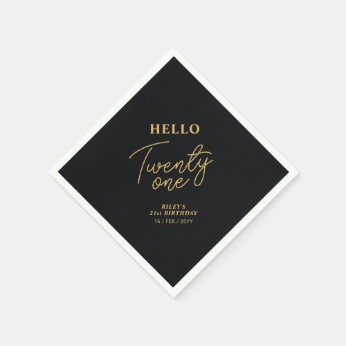 Hello Twenty one Black  Gold 21st Birthday Party Napkins