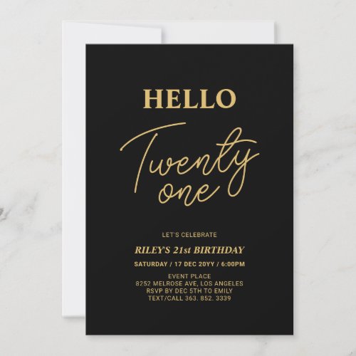 Hello Twenty one Gold  Black 21st Birthday Party Invitation