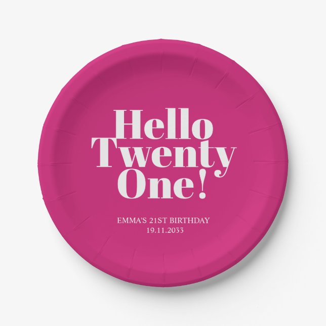  Hello Twenty One Hot Pink 21st Birthday Party Paper Plates (Front)