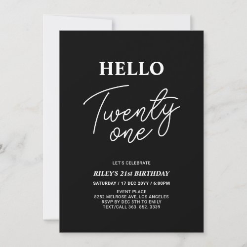 Hello Twenty one Modern Black 21st Birthday Party Invitation