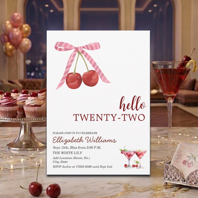 Hello Twenty Two Cherry Martini Birthday Party Invitation (Creator Uploaded)