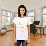 Hello twentyone 21st birthday typography name date T-Shirt<br><div class="desc">Elegant and modern for a 21st birthday party.  Faux gold text written with a trendy hand-lettered style script: hello twentyone. With faux golden dots as decor. Templates for a name and a date,  golden letters.</div>