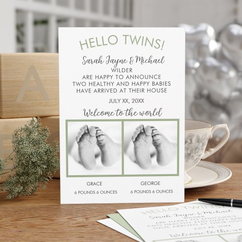 Hello Twins Photo Birth Announcement Card