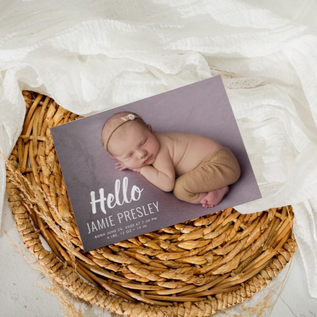 HELLO typography birth announcement postcard (Creator Uploaded)