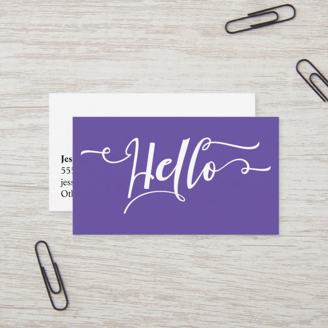 Hello Typography over Editable Ultra Violet Purple Business Card (Front/Back In Situ)