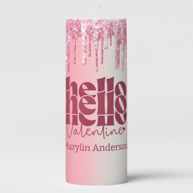 HELLO VALENTINE GLITTER DRIP CUSTOM GROOVY PILLAR CANDLE (Front)