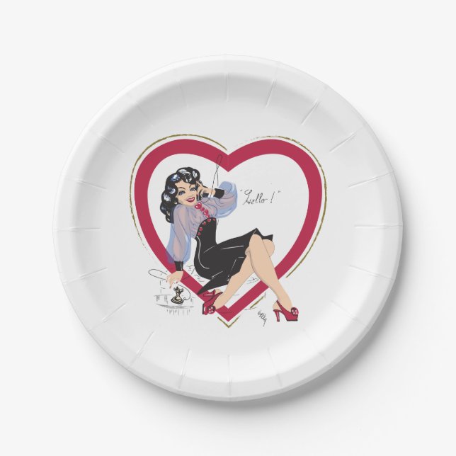 Hello Valentine Pin-Up Girl Paper Plates (Front)