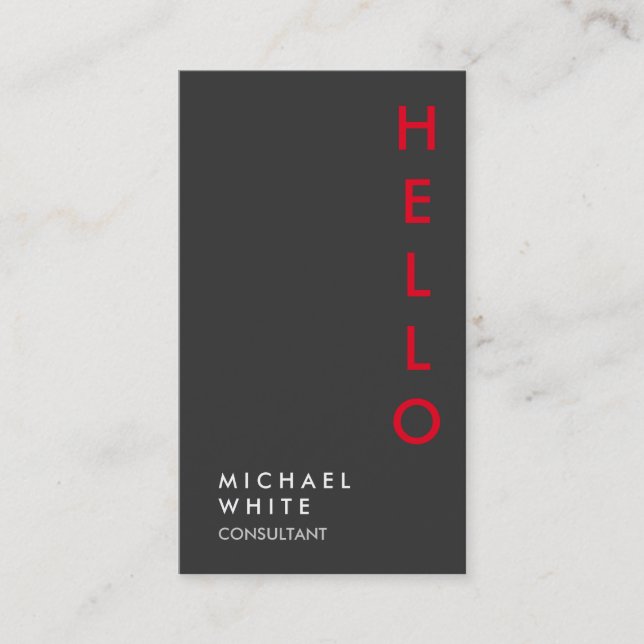 Hello Vertical Plain Gray Trendy Consultant Business Card (Front)