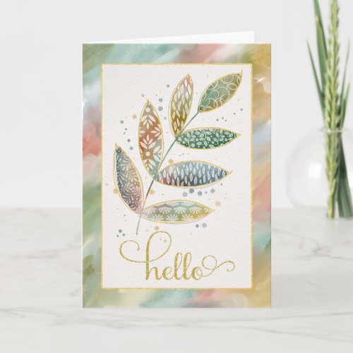 Hello Watercolor Glitter Leaves Card