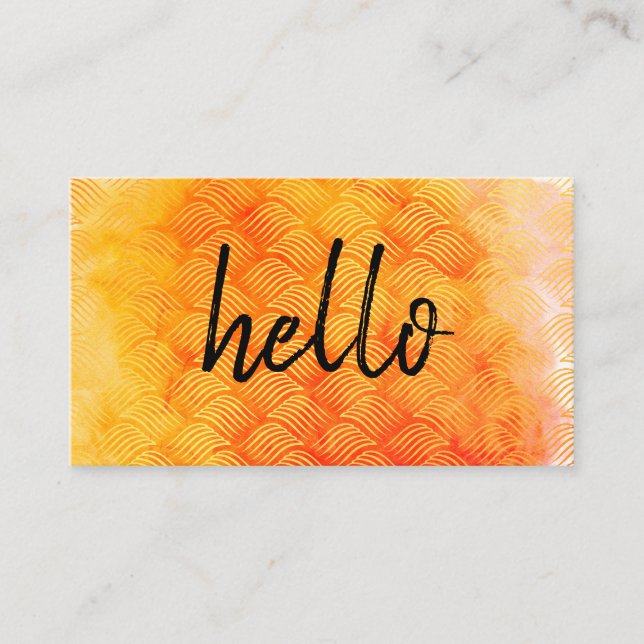 Hello Watercolor Orange Weave Pattern Business Card (Front)