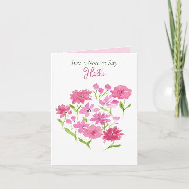 Hello Watercolor Pink Roses Note Card (Front)