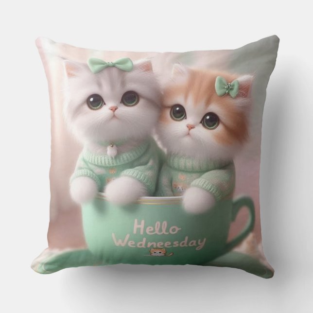 Hello Wednesday Cute Cats Throw Pillow – Fun Kids  (Front)