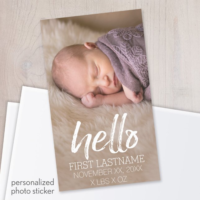 Hello Whimsical brushed lettering with Baby Photo Rectangular Sticker (Personalized photo sticker)