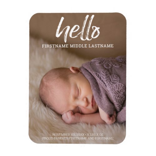 Hello Whimsical brushed letters Baby Photo Announc Magnet