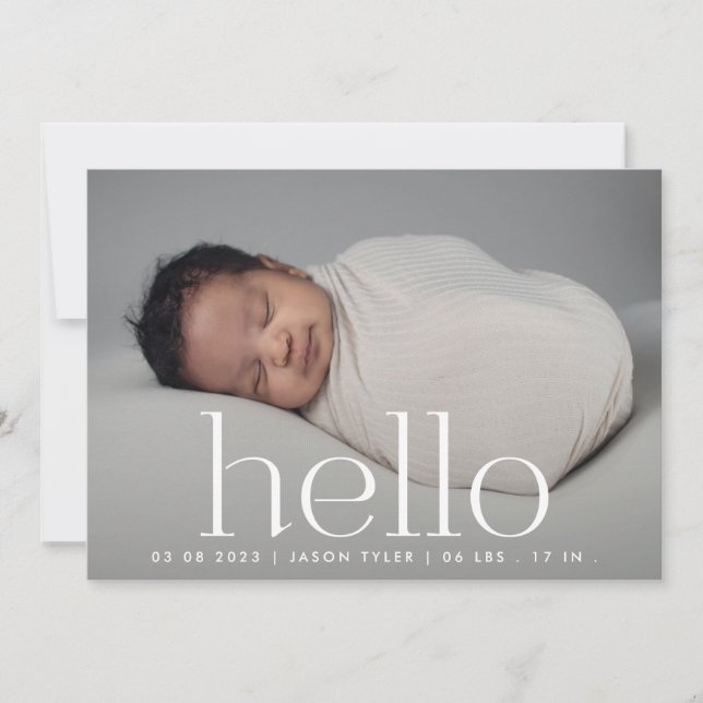 hello white dark overlay modern simple full photo announcement (Front)
