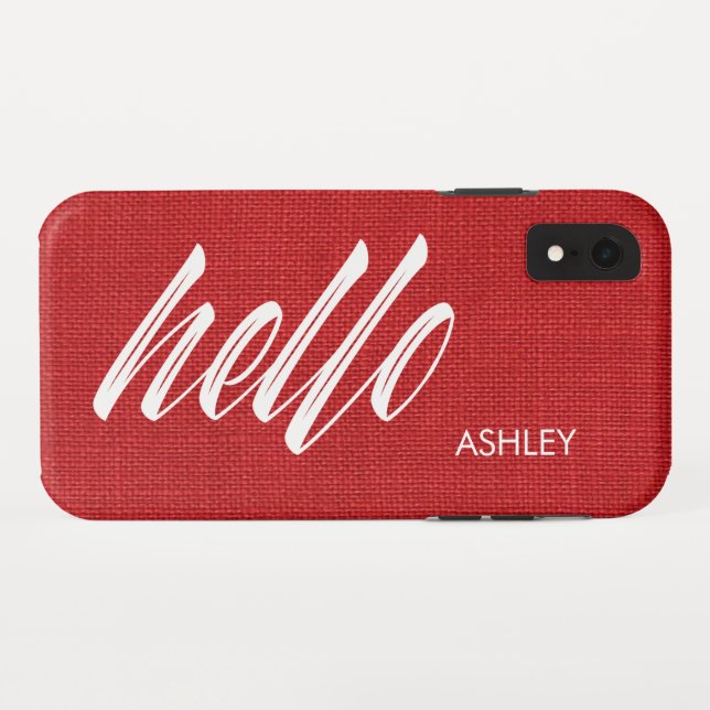 Hello White Script Name on Red Linen Texture Photo Case-Mate iPhone Case (Back (Horizontal))