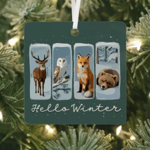 Hello Winter Animals Deer Owl Fox Bear Cozy Season Metal Ornament