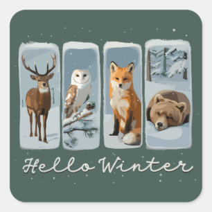 Hello Winter Animals Deer Owl Fox Bear Cozy Season Square Sticker