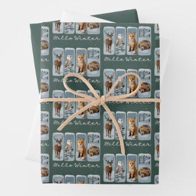 Hello Winter Animals Deer Owl Fox Bear Cozy Season Wrapping Paper Sheets