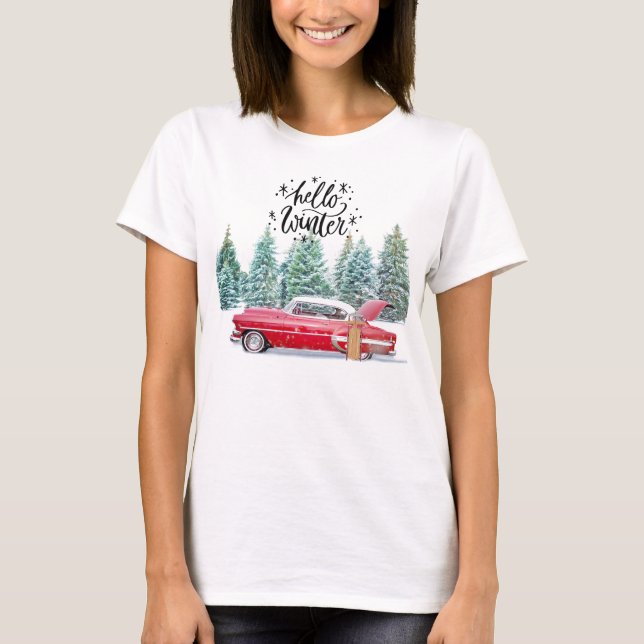 Hello Winter - Antique Red Car T-Shirt (Front)
