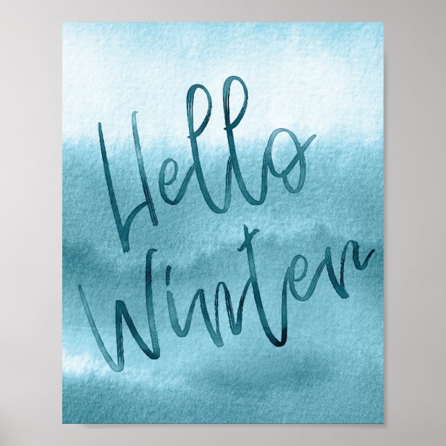 Hello Winter Blue Watercolor Seasonal Poster (Front)