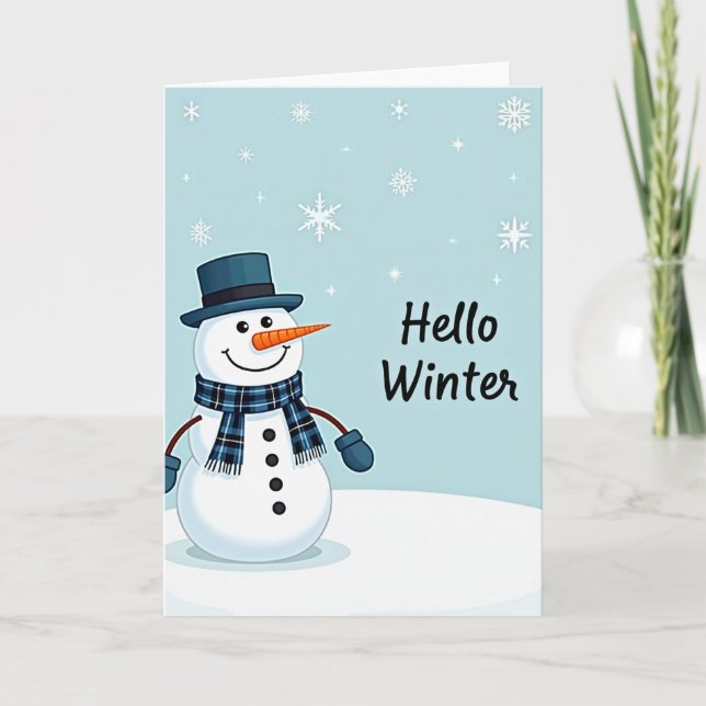 Hello Winter Card Cute Snowman Top Hat (Front)