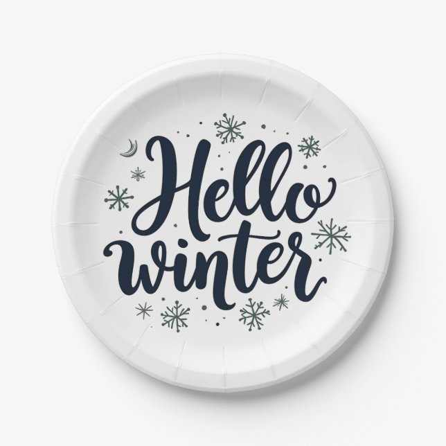 Hello Winter Christmas Snowflake Winter Season  Paper Plates (Front)