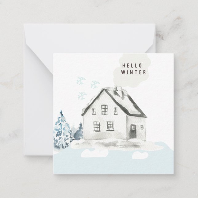 Hello Winter Christmas Snowy Cabin Photo Note Card (Front)