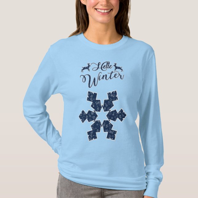 Hello Winter Holiday Blue Snowflake Pattern T-Shirt (Front)