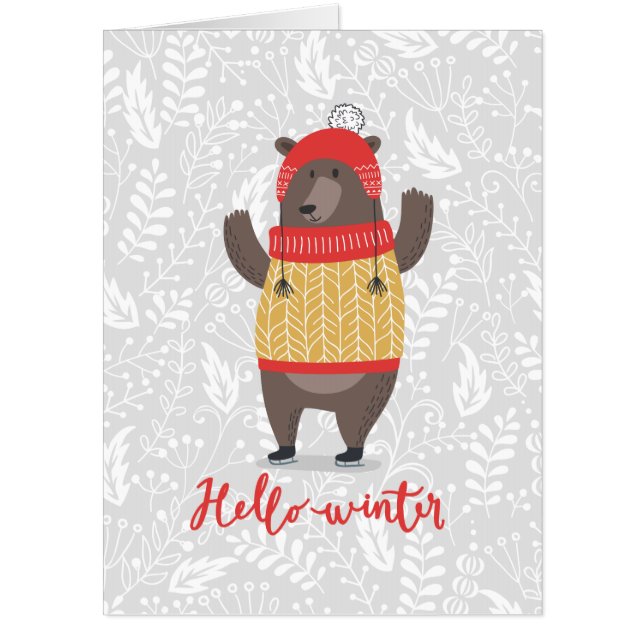 Hello Winter Season Greeting Illustration Bear Art Card (Front)