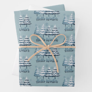 Hello Winter Season Vibes Trees Snowflakes Xmas Wrapping Paper Sheets