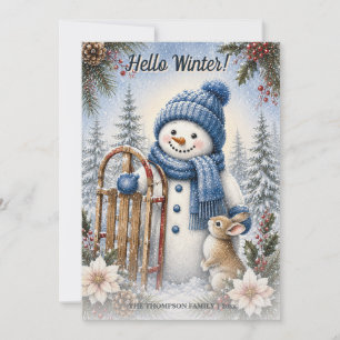 Hello Winter Snowman Bunny Watercolor Holiday Card