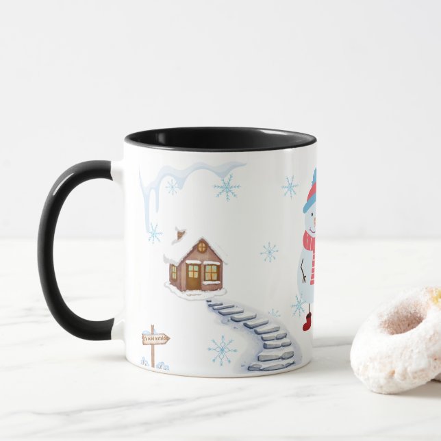 Hello Winter Snowman Mug • Cozy Snowy Landscape Wi (With Donut)