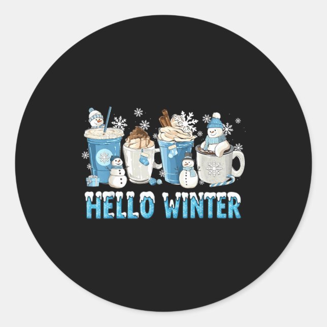 Hello Winter Sweet Cozy Coffee Lovers Snowman Chri Classic Round Sticker (Front)