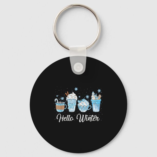Hello Winter Sweet Cozy Coffee Lovers Snowman Chri Keychain (Front)