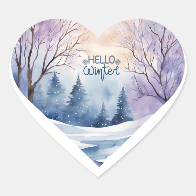 Hello Winter Watercolor Heart Sticker (Front)