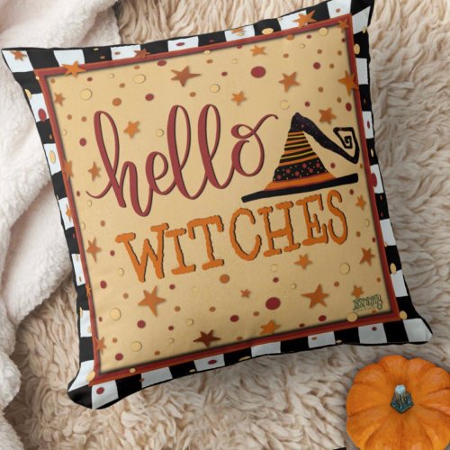 Hello Witches Funny Cute Halloween Hat Throw Pillow