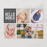 Hello World and Birth Announcement Photo Collage Postcard