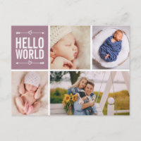 Hello World and Birth Announcement Photo Collage Postcard