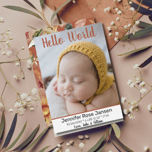 Hello World Autumn Floral Photo Birth Announcement