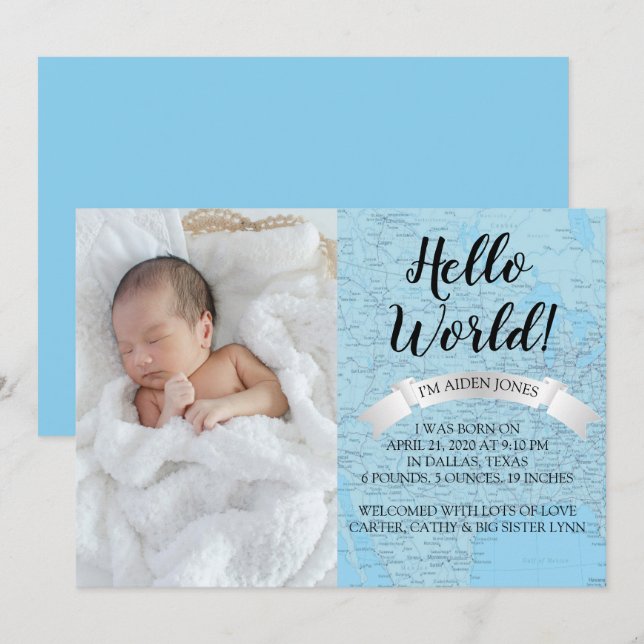 hello World Baby Blue World Map Birth Announcement (Front/Back)