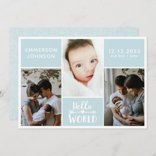 Hello World Baby Boy Photo Birth Announcement