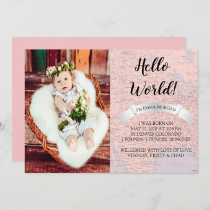 Hello World Baby Pink World Map Birth Announcement