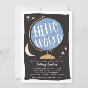 Hello World Baby Shower Blue Globe Invitation