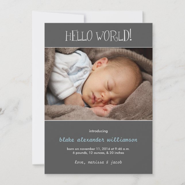 Hello World Birth Announcement//Gray Announcement (Front)