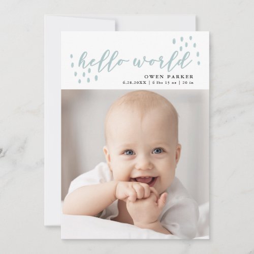 hello world  Blue Dots Baby Photo Birth Announcement