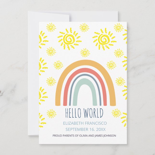 Hello World Boho Rainbow Sun Birth Announcement (Front)