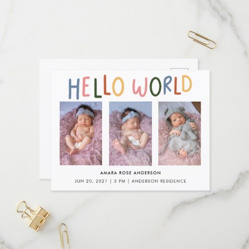 Hello World Colorful Typography 3 Photo Birth Invitation Postcard