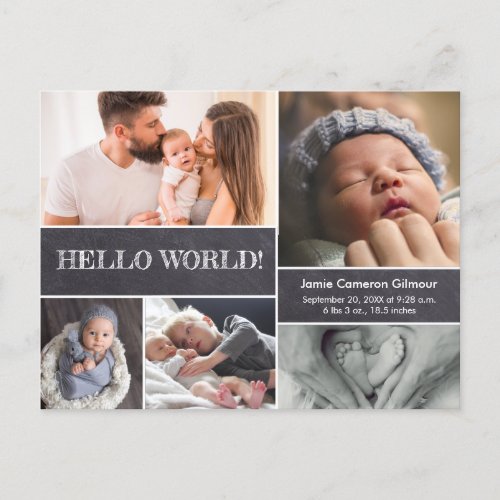 Hello World Custom Baby Photos birth stats chalk Postcard