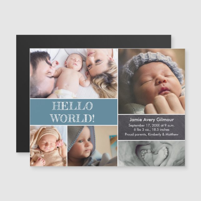 Hello World Custom photo collage baby birth Magnetic Invitation (Front/Back)
